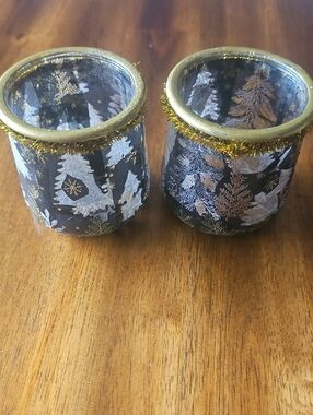 Holiday Black & Gold Decopaged Jars/ Candle Holders with Gold Rim - Set of 2